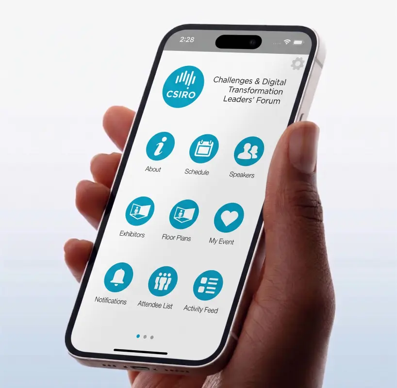 A hand holding a phone showing the CSIRO event app home screen