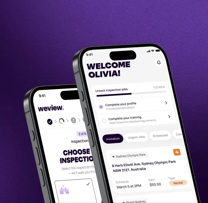 Two phones showing the WeView app on a purple background