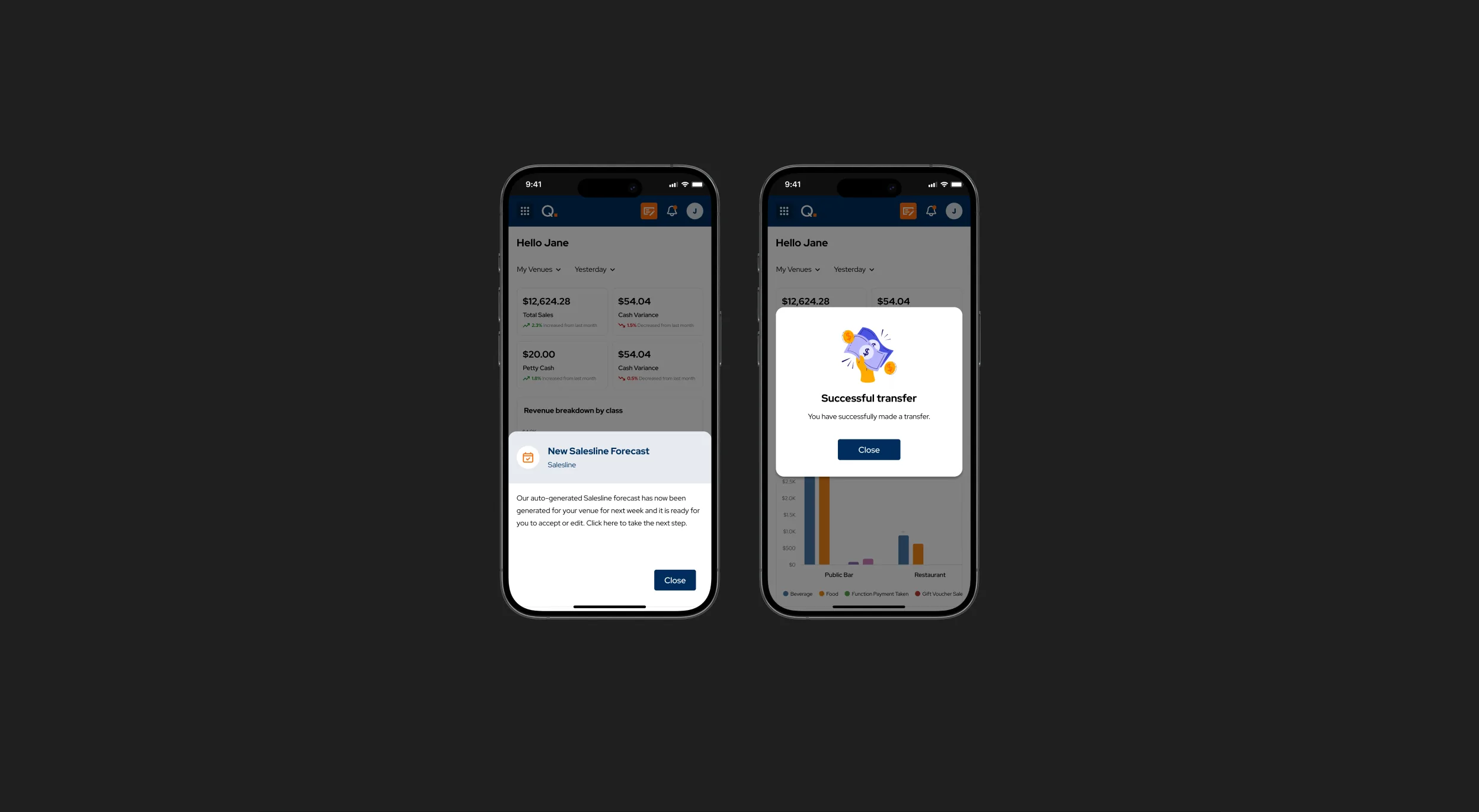 Two Quantaco app screens on a dark panel: a new sales forecast notice, and a successful transfer over the venue dashboard