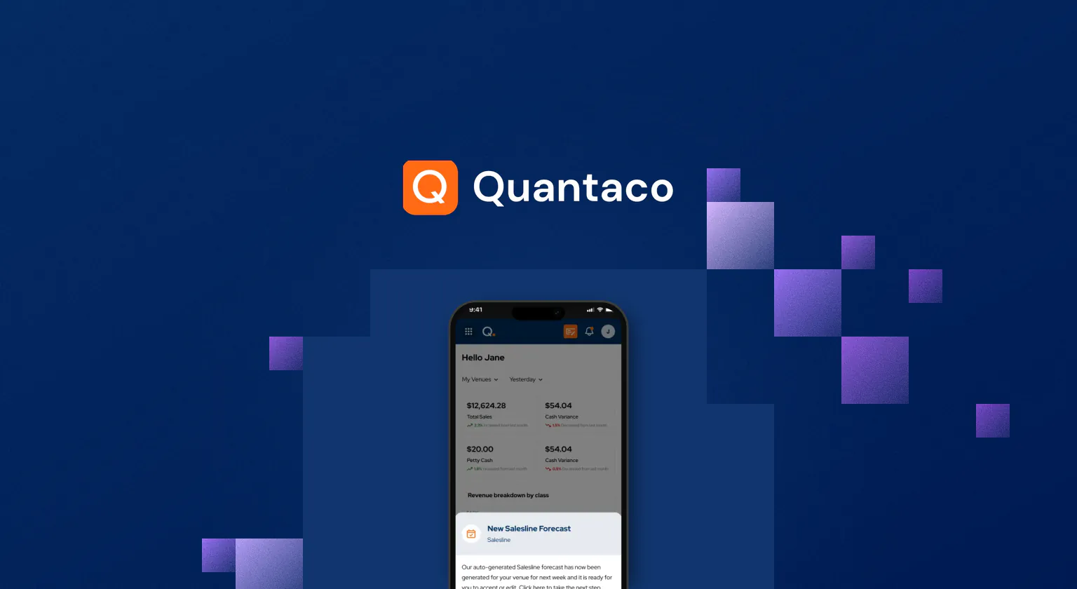 The Quantaco logo on navy, beside a phone showing the Quantaco app with a New Salesline Forecast notice, edged with purple pixel cubes