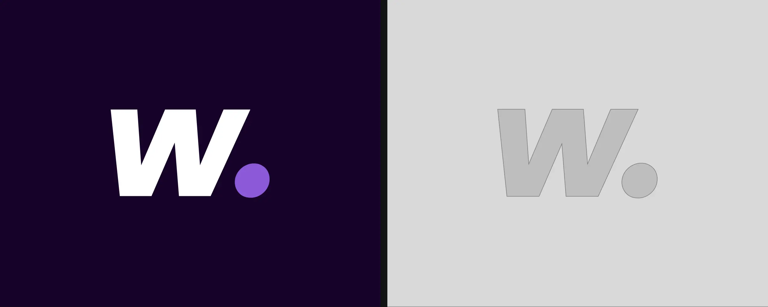 The W. app icon: white with a purple dot on deep purple, and in grey on light grey