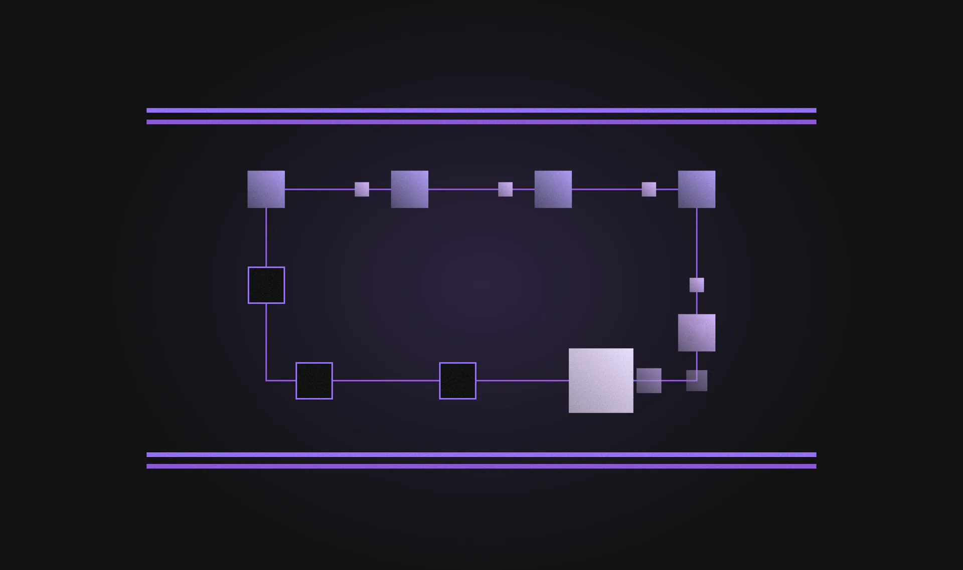 A bright purple cube working its way round a loop of steps between two guardrails: the steps behind it lit, the steps ahead outlined, small cubes handed from one step to the next