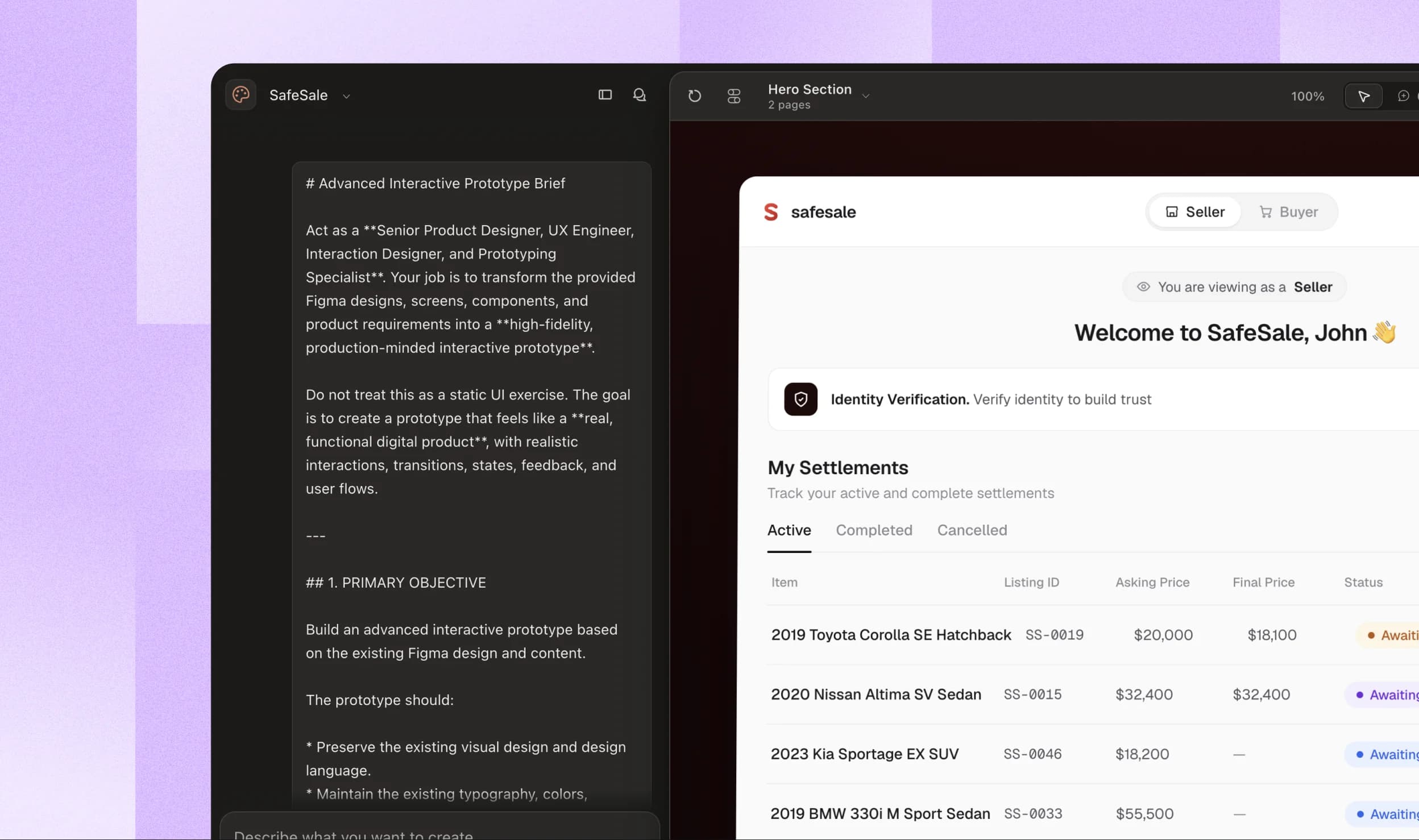 A prototype dashboard for a settlements app on a purple pixel background