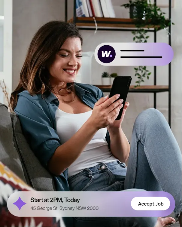 A person using a phone, with an app card offering a job: Start at 2PM today, Accept job