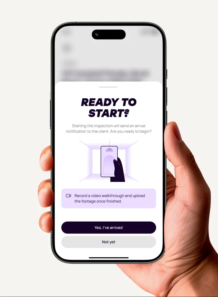 A hand holding a phone showing the Ready to start? screen that notifies the client when the viewer arrives