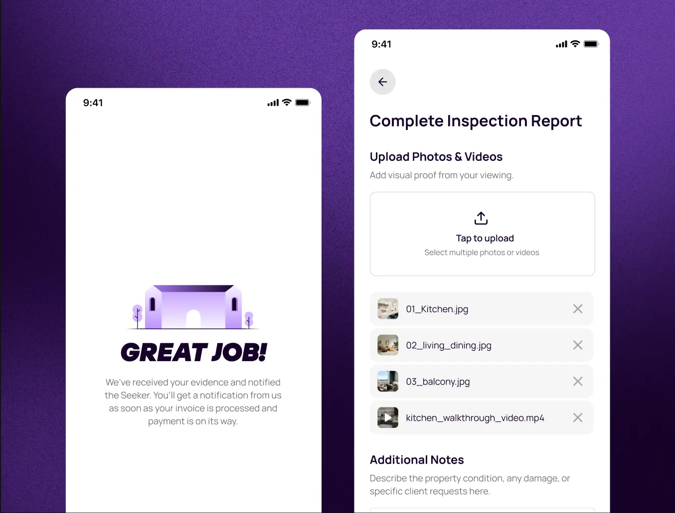 The Great job! confirmation and the Complete inspection report screen with uploaded photos and video