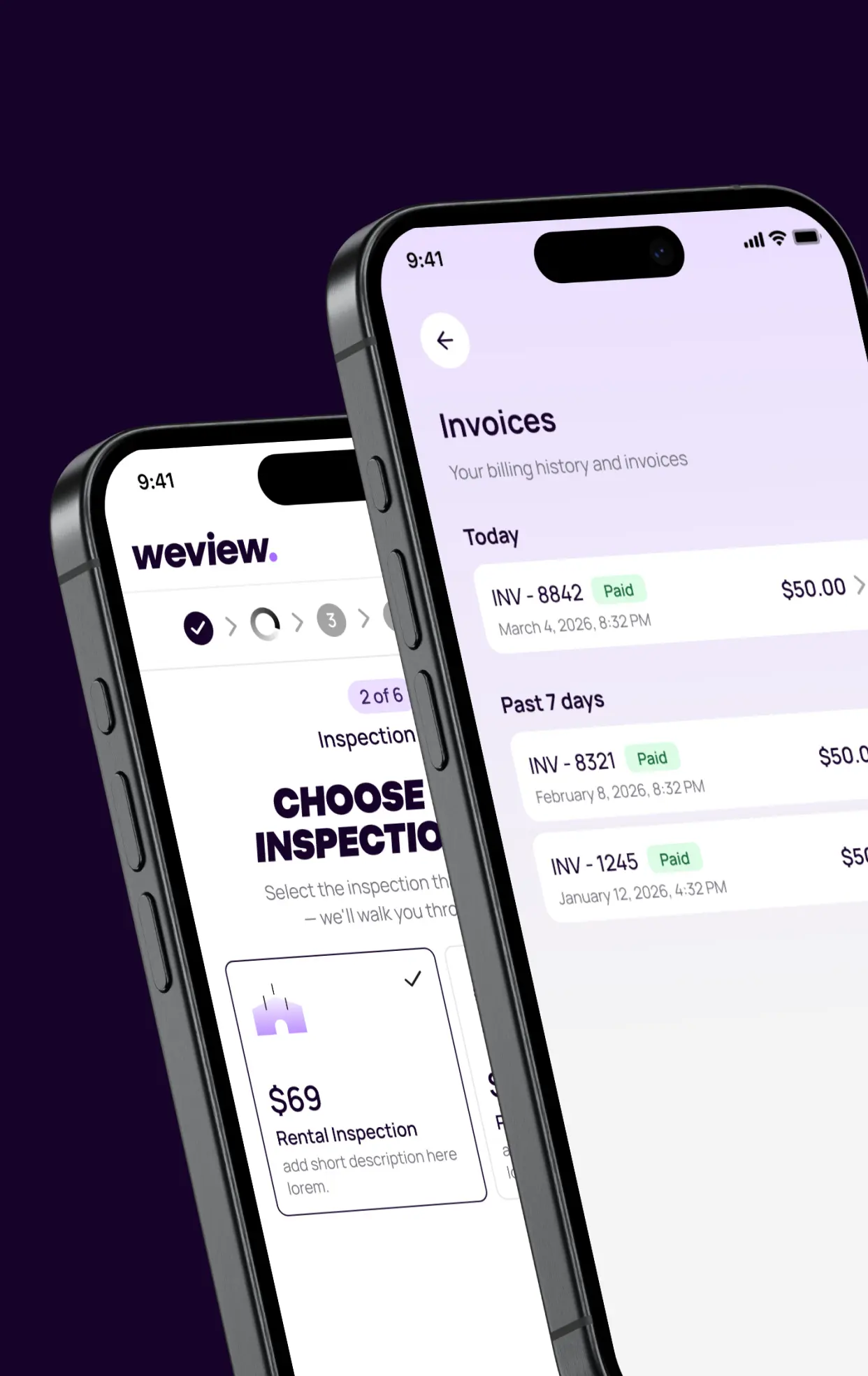 Two phones showing the inspection type picker and a list of paid invoices