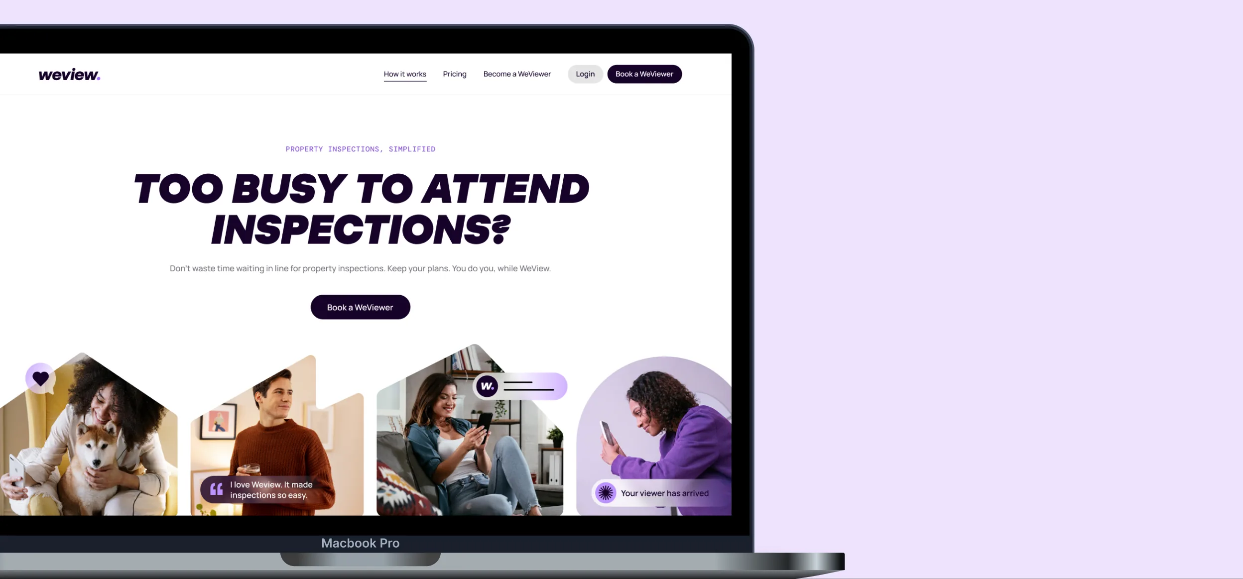 The WeView landing page on a laptop, headed Too busy to attend inspections?