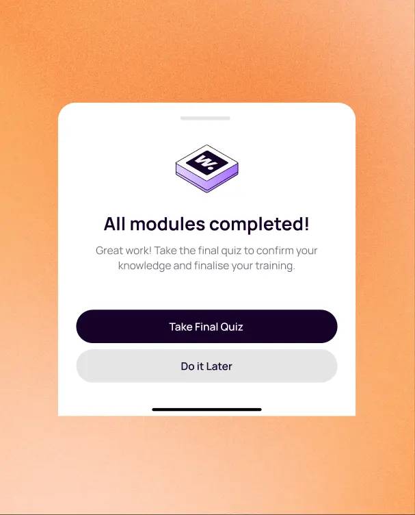 A training screen: All modules completed, with a button to take the final quiz