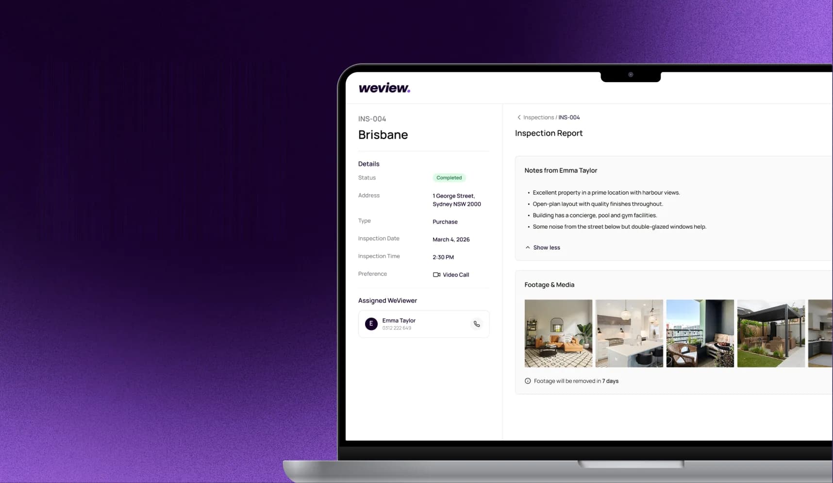 The inspection report on a laptop, with the WeViewer's notes, photos and video of the property