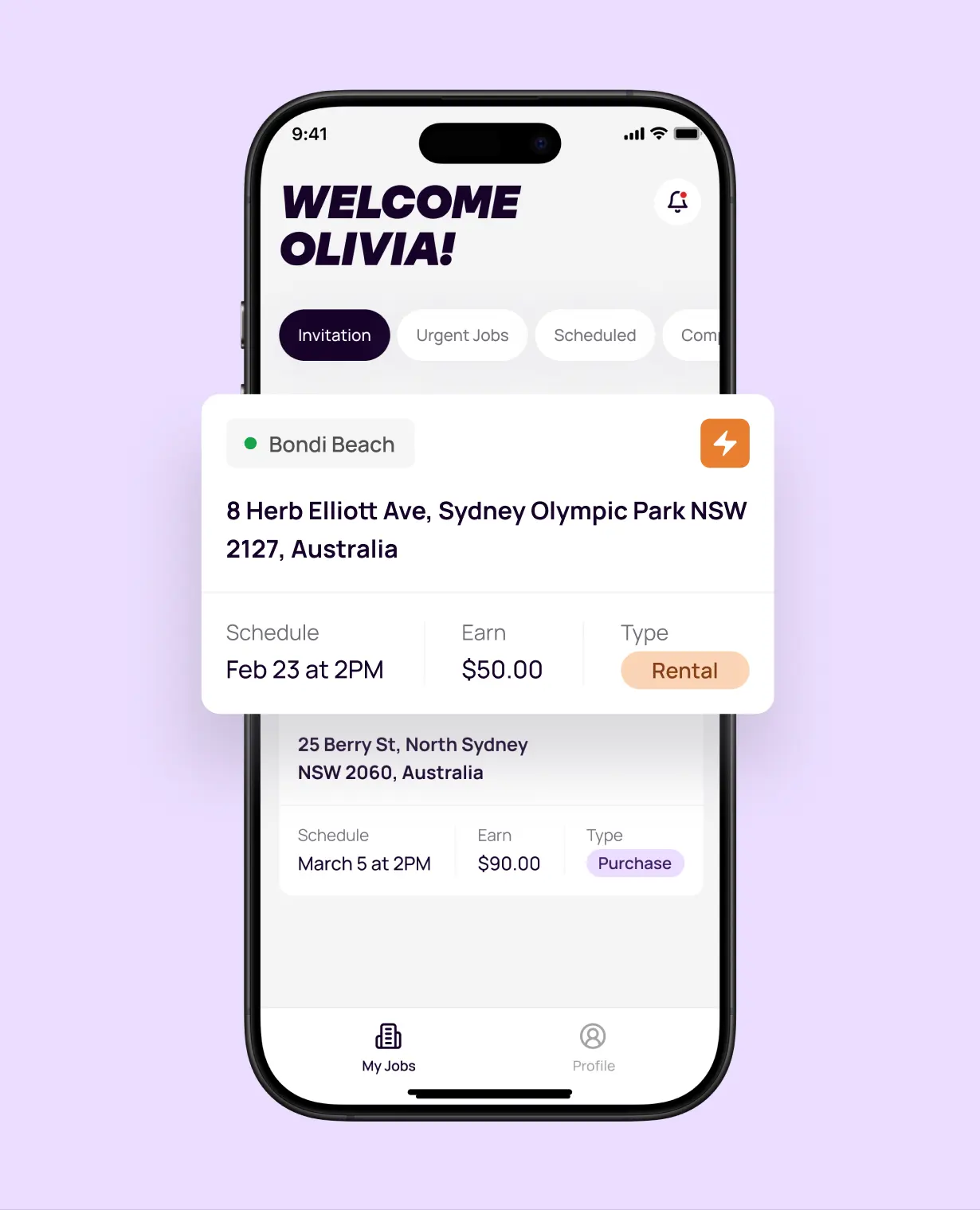 The WeViewer app's job list: a card for an inspection in Sydney Olympic Park with the schedule, the fee and the inspection type