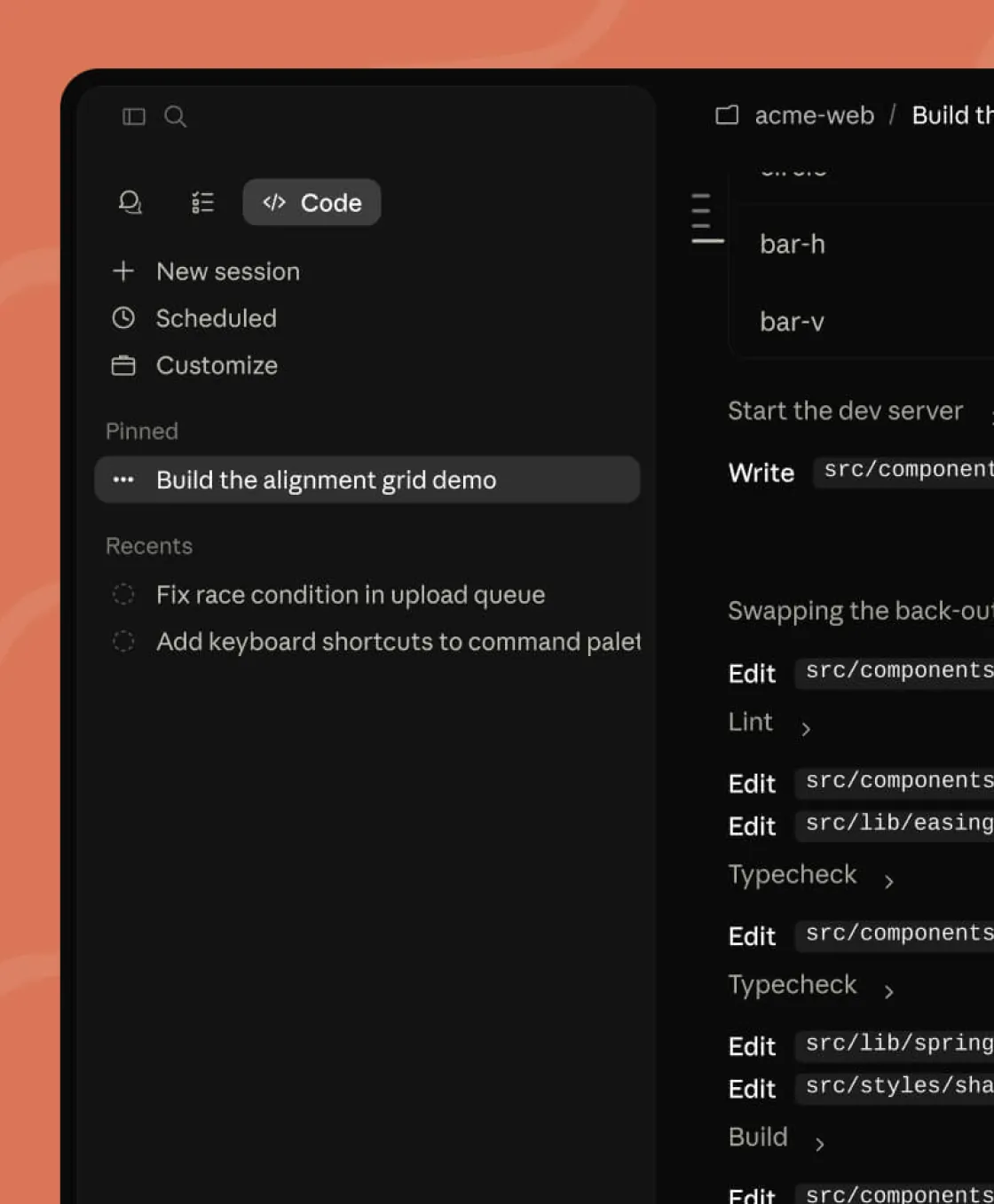 An AI coding assistant's session view listing file edits, lint and type checks for a web project