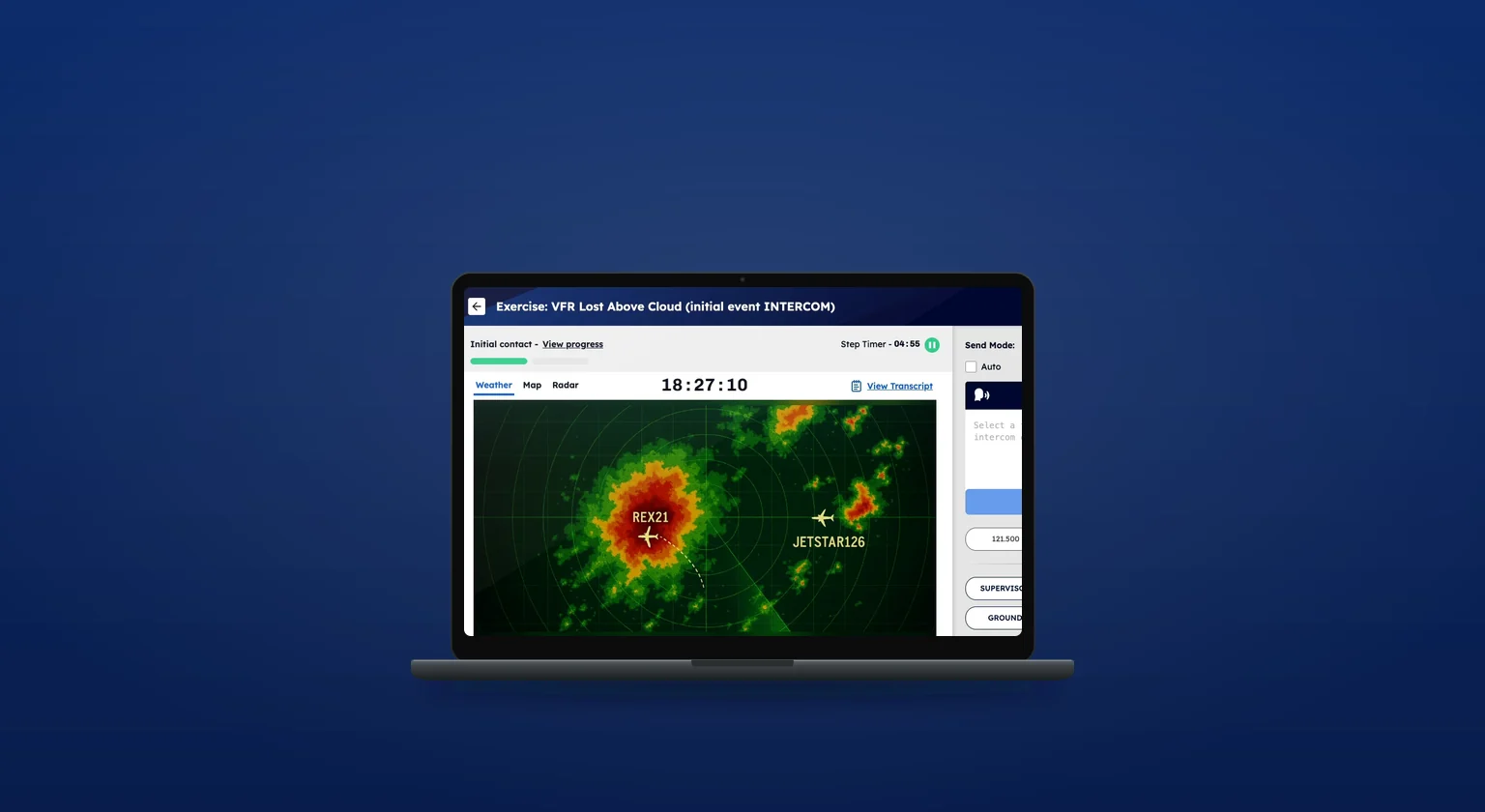 A laptop on navy showing the VVResponse live exercise screen: the exercise VFR Lost Above Cloud, a step timer and a weather radar with two aircraft, REX21 and JETSTAR126