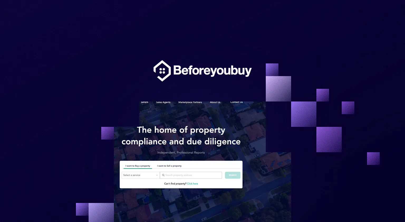 The Before You Buy wordmark in white on navy, beside the Before You Buy website Rocket Lab built, as archived in March 2026: The home of property compliance and due diligence, with its report search, edged with purple pixel cubes