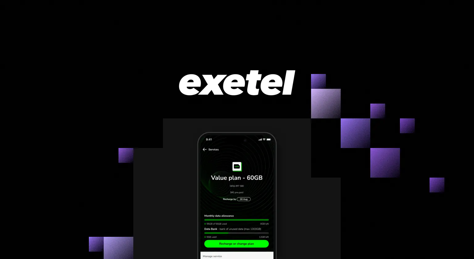 The Exetel wordmark in white on black, beside a phone showing a Value plan 60GB screen from Exetel’s app design, with its monthly data allowance, edged with purple pixel cubes