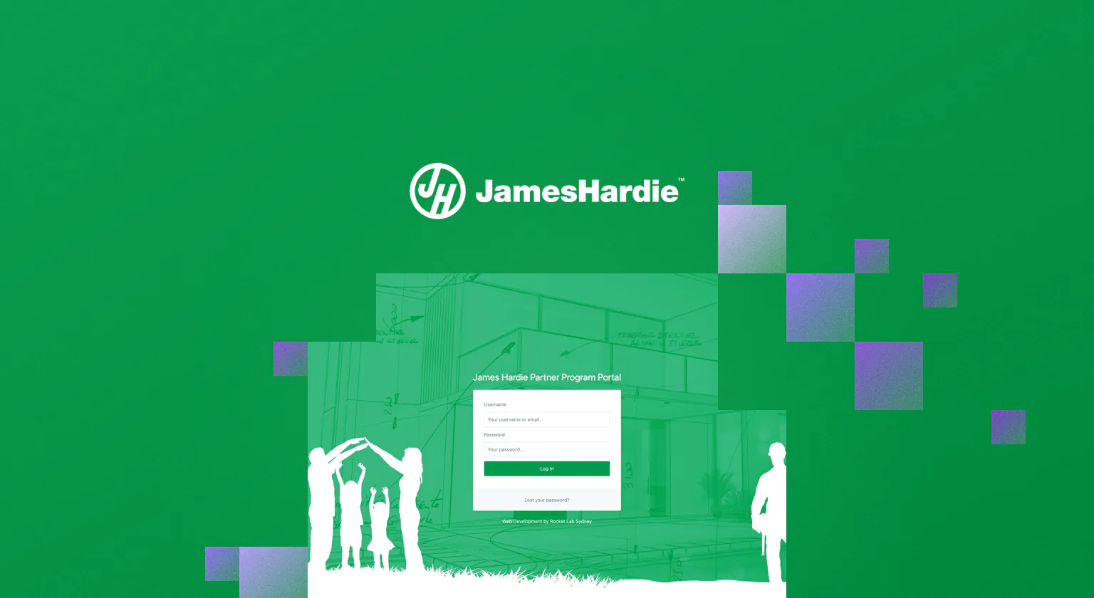 The James Hardie logo in white on green, beside the James Hardie Partner Program Portal sign-in page, edged with purple pixel cubes