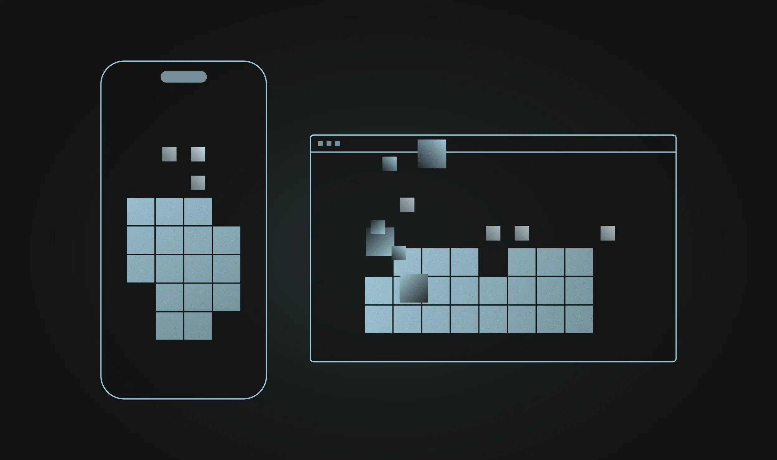 A phone outline and a browser window, each holding a cluster of light blue cubes