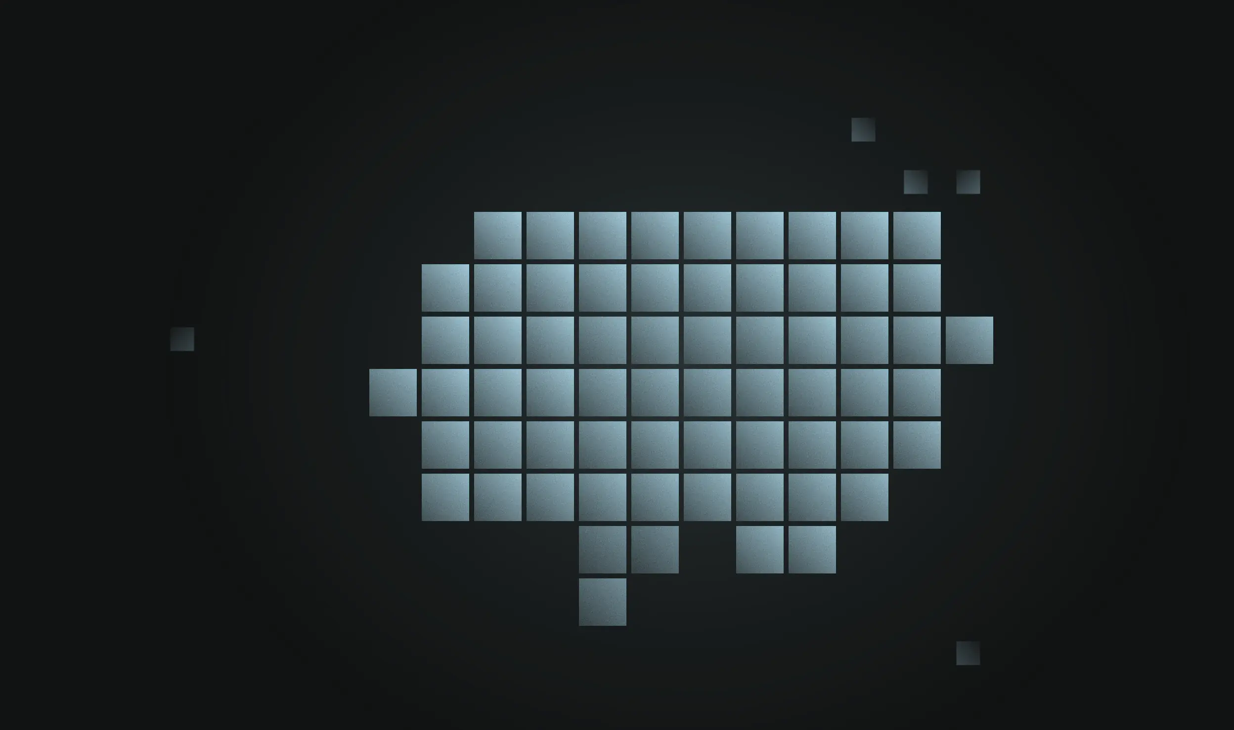 Light blue cubes assembled into one stepped block, loose pieces drifting outward