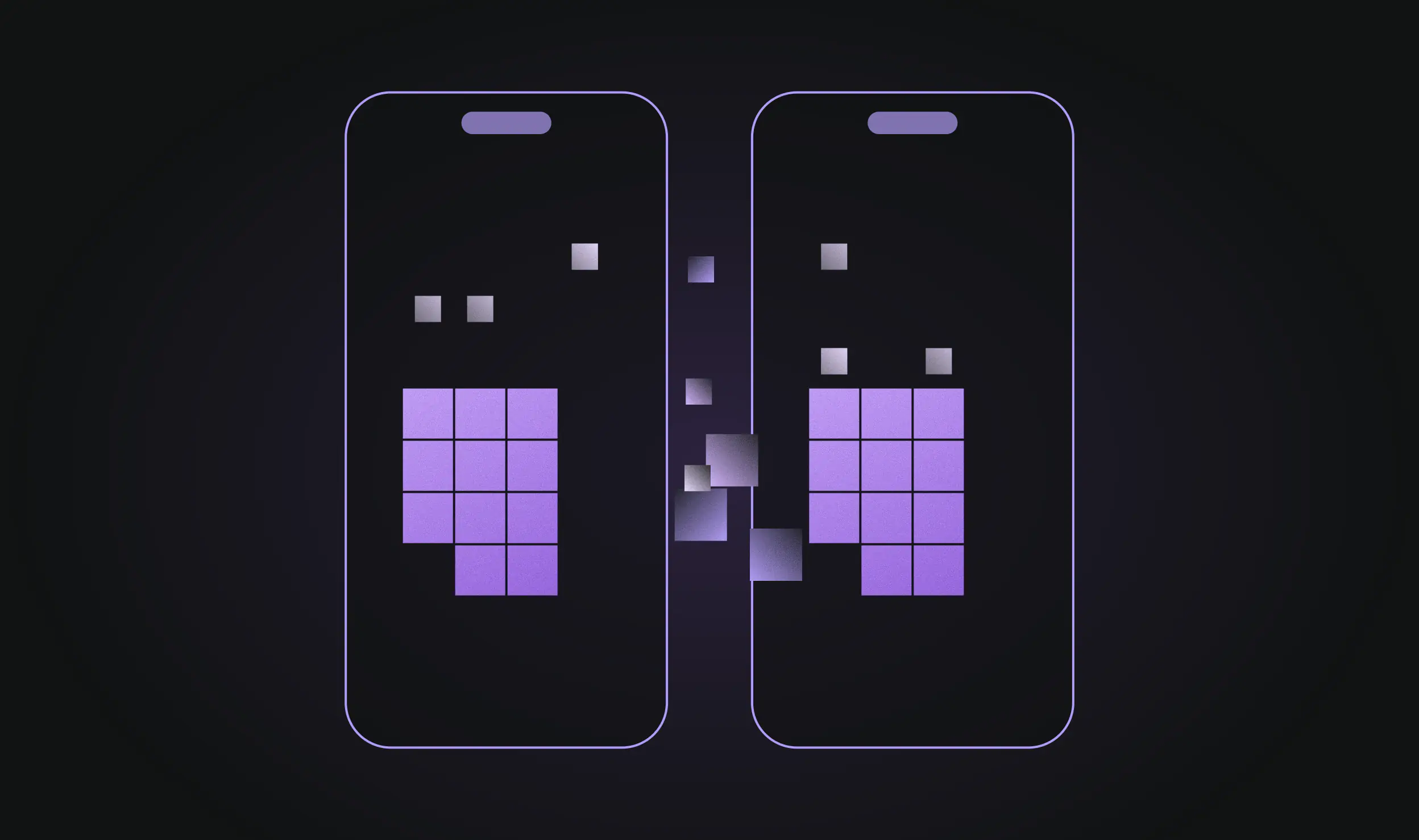 Two phone outlines holding the same cluster of purple cubes, pieces passing between them
