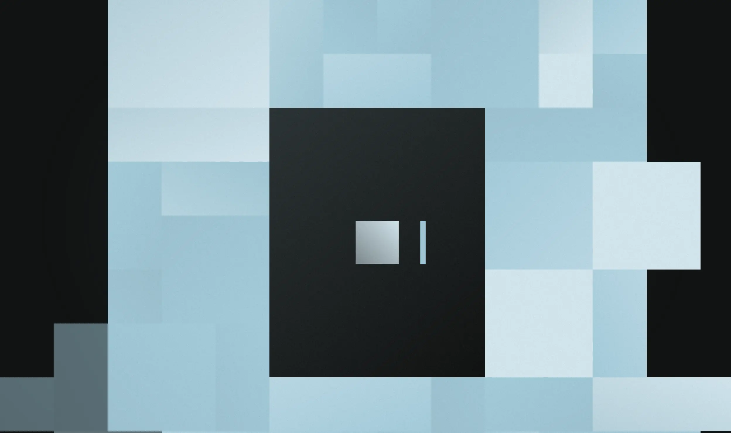 A mosaic of pale blue blocks framing one lit cube