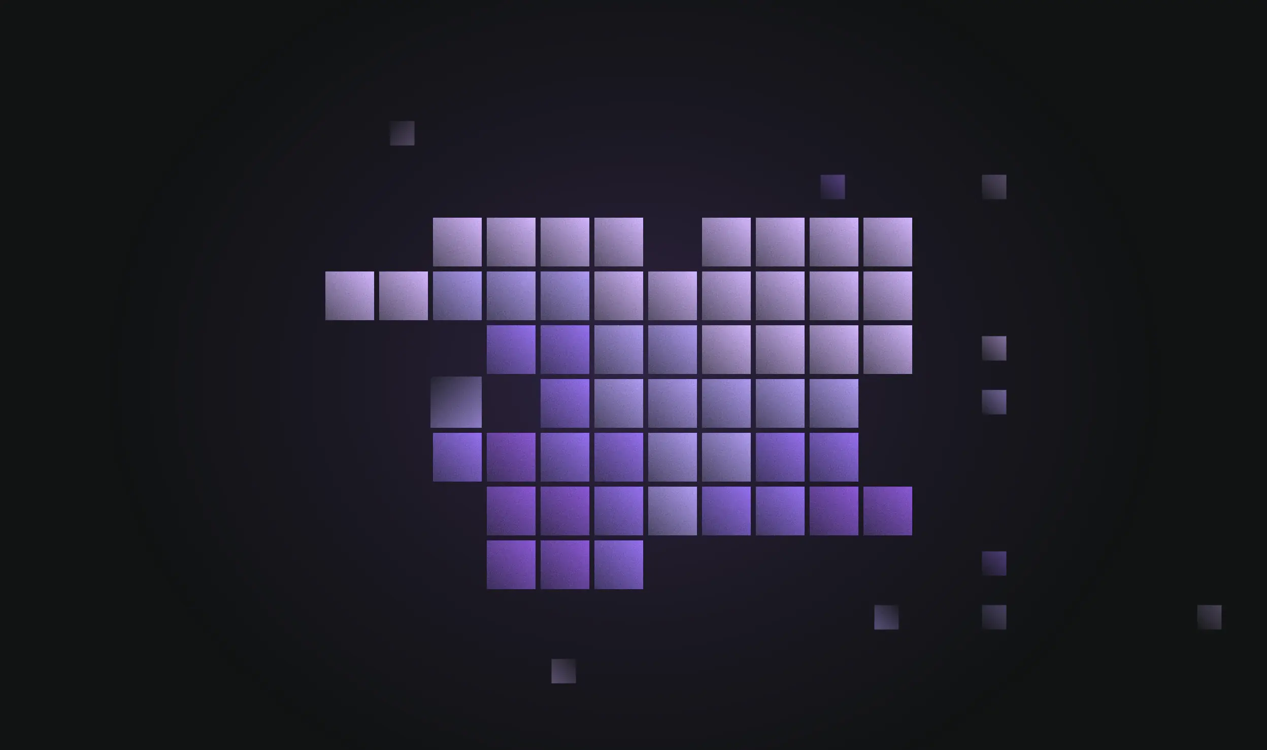 Purple cubes assembled into one stepped block, loose pieces drifting outward