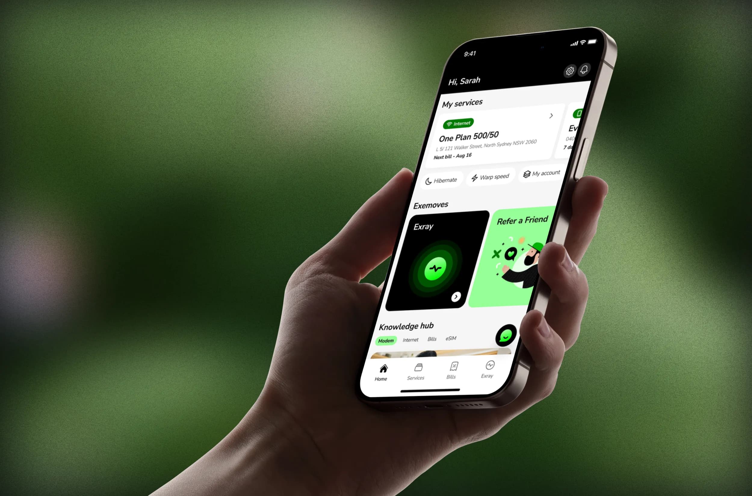 A hand holding a phone showing the home screen of Exetel’s app design: Hi, Sarah, an internet service on One Plan 500/50, shortcuts to Hibernate, Warp speed and My account, Exemoves cards for Exray and Refer a Friend, and the Knowledge hub