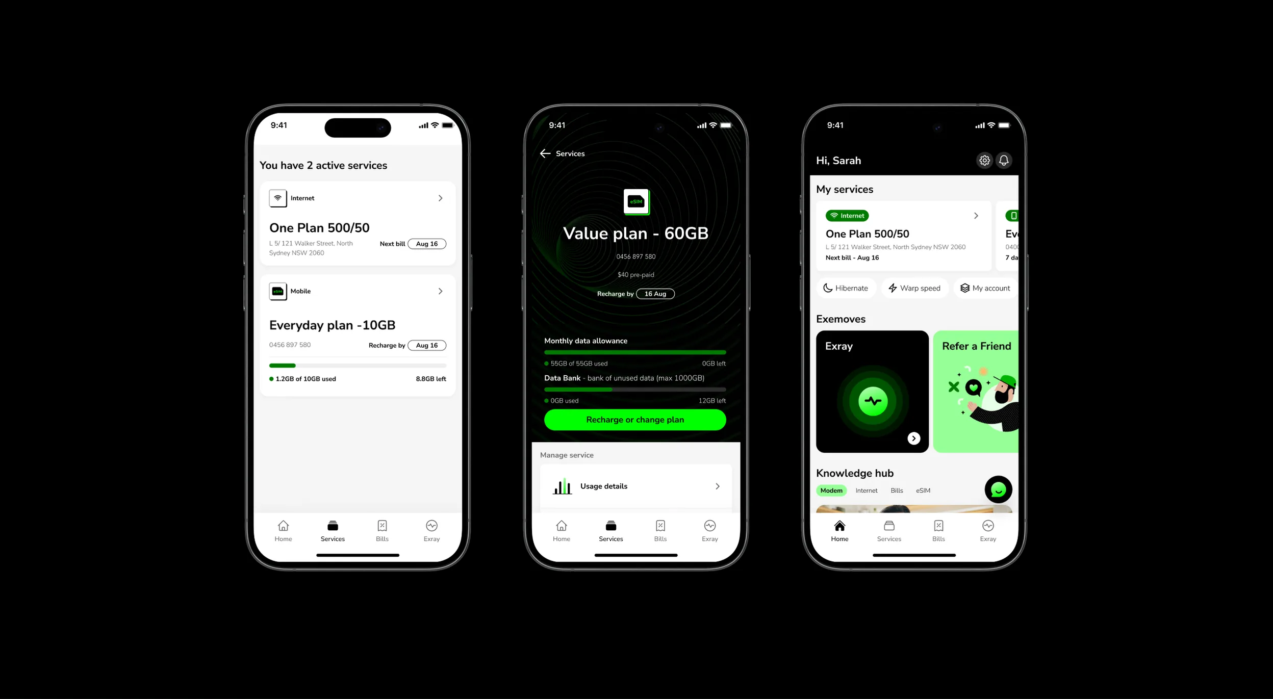 Three phones from Exetel’s app design: two active services (One Plan 500/50 internet and an Everyday plan 10GB mobile service), a Value plan 60GB screen with its monthly data allowance and Data Bank, and the home screen with My services, Exemoves and Knowledge hub