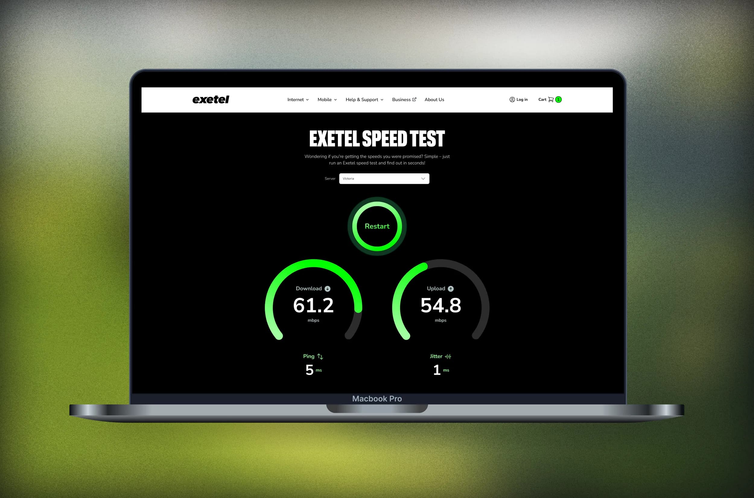 A laptop showing the speed test page of Exetel’s website design: a server picker, a Restart button, download and upload gauges, ping and jitter