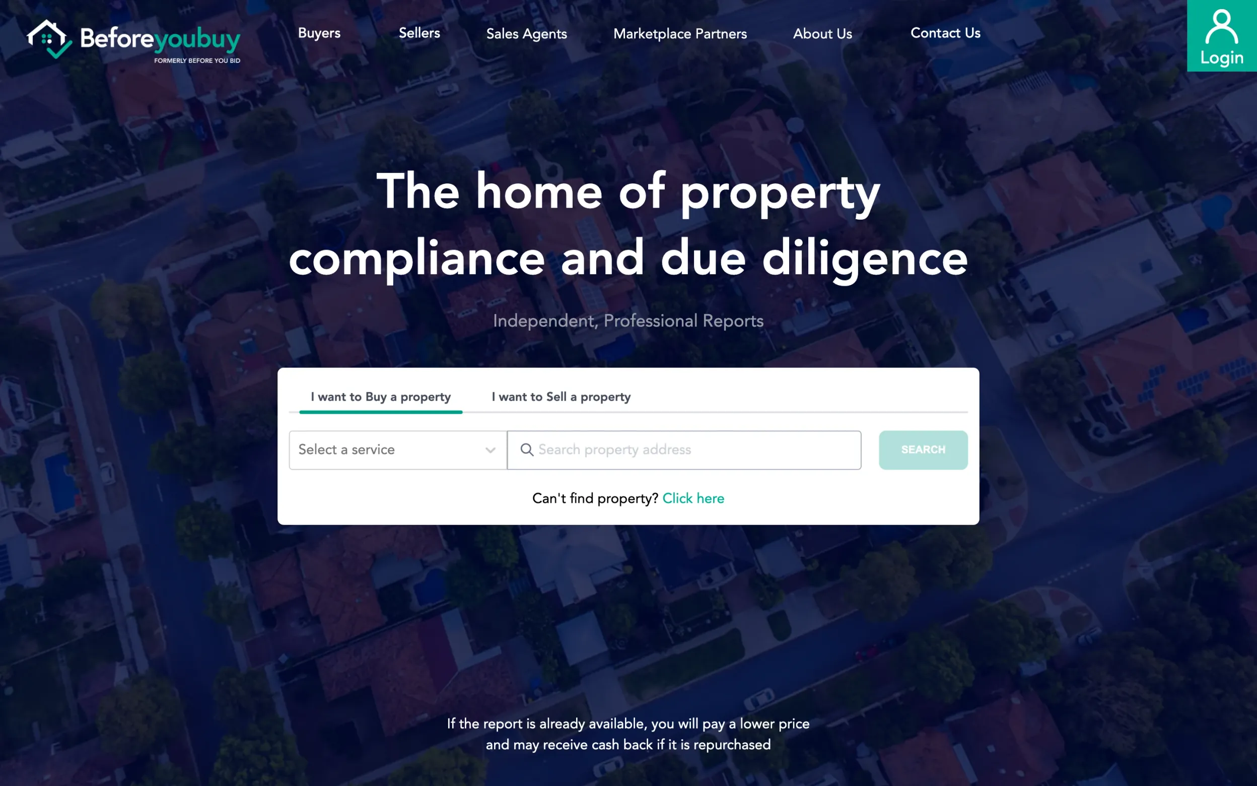 The Before You Buy website Rocket Lab built, as archived in March 2026 before its redesign: The home of property compliance and due diligence, with a search by service and property address over an aerial photo of houses