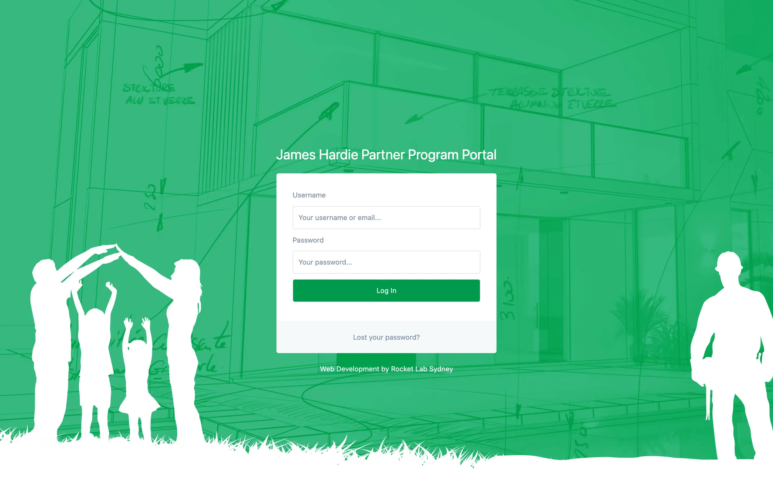 The sign-in page of the James Hardie Partner Program Portal at hardiealliance.com.au: a username and password form with a Log In button over a green sketch of a house, white silhouettes of a family and a builder, and the credit Web Development by Rocket Lab Sydney (Internet Archive capture, April 2025)