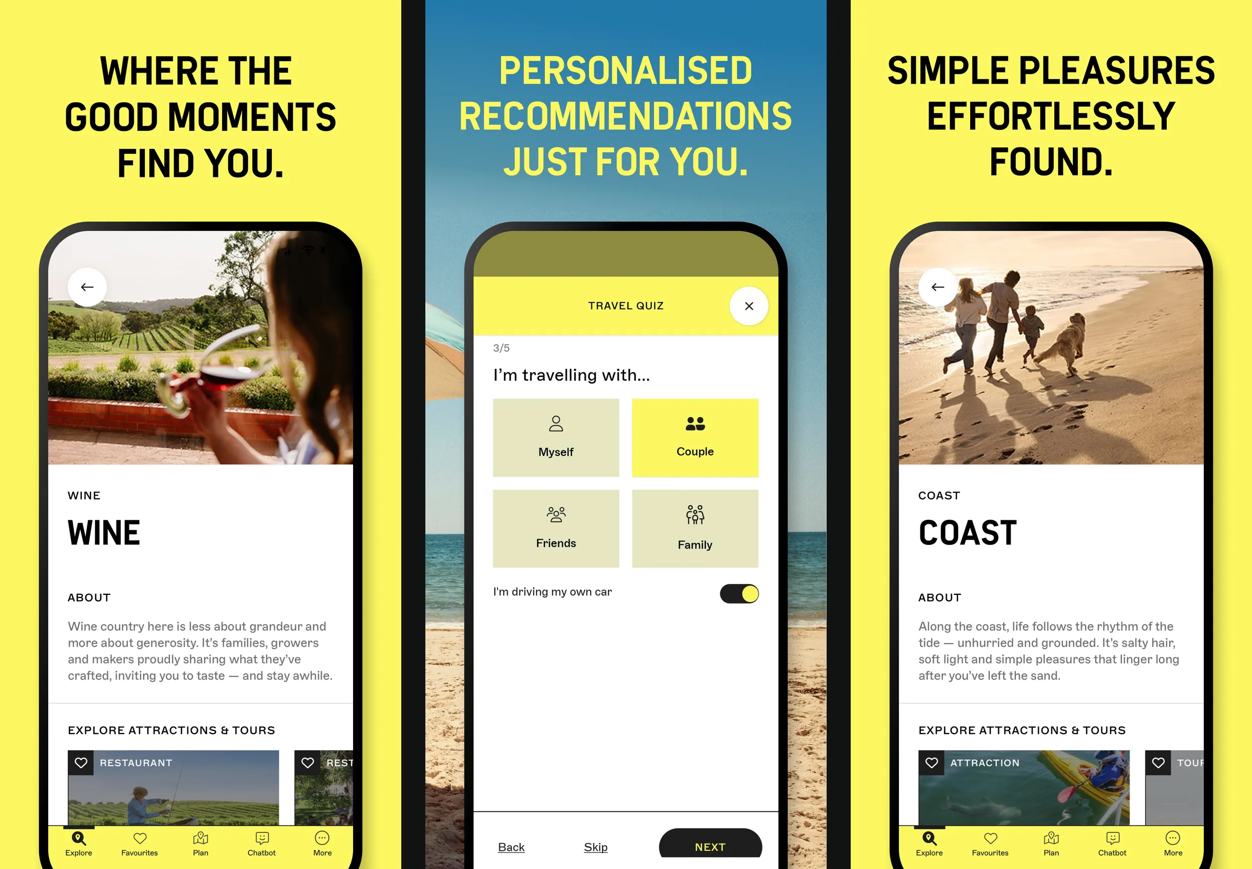 Three App Store screenshots of the Explore South Australia app: the Wine guide, the travel quiz asking who you are travelling with, and the Coast guide