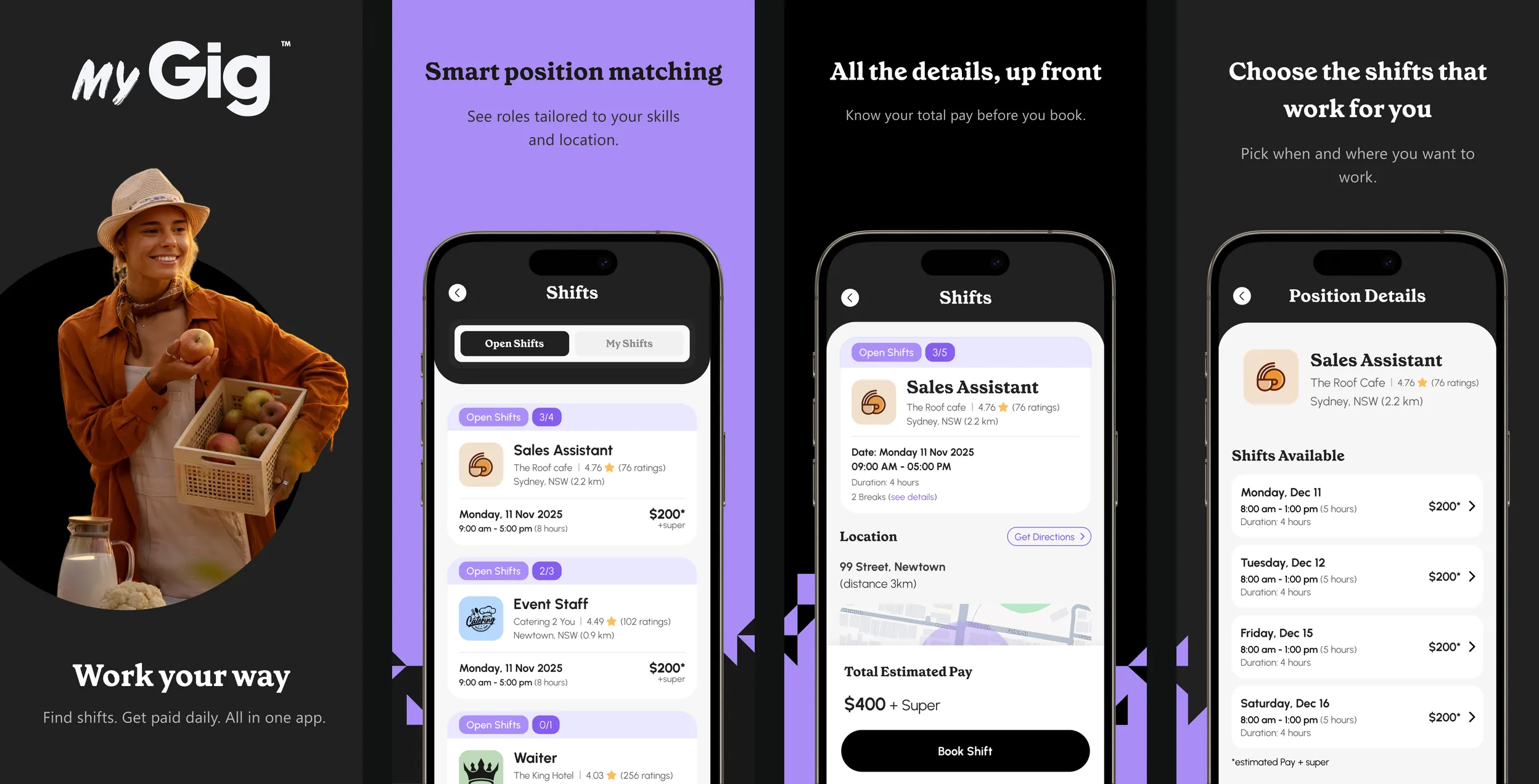 Four App Store screenshots of the MyGig app: Work your way, a list of open shifts with the venue, date and pay, a shift's total estimated pay with a Book Shift button, and the shifts available for one position
