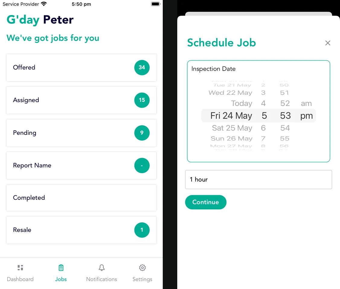 Two App Store screenshots of the BYB Inspector app: G'day Peter, we've got jobs for you, with the inspector's offered, assigned and pending jobs, and scheduling an inspection date