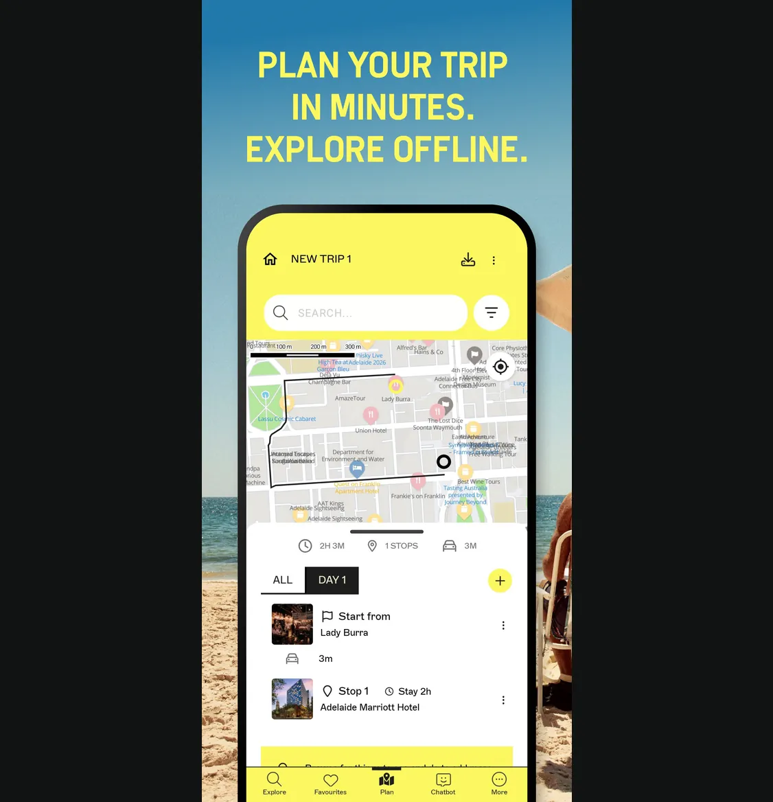 An App Store screenshot of the Explore South Australia app: a trip in the planner, with its route on a map of Adelaide and its first stops