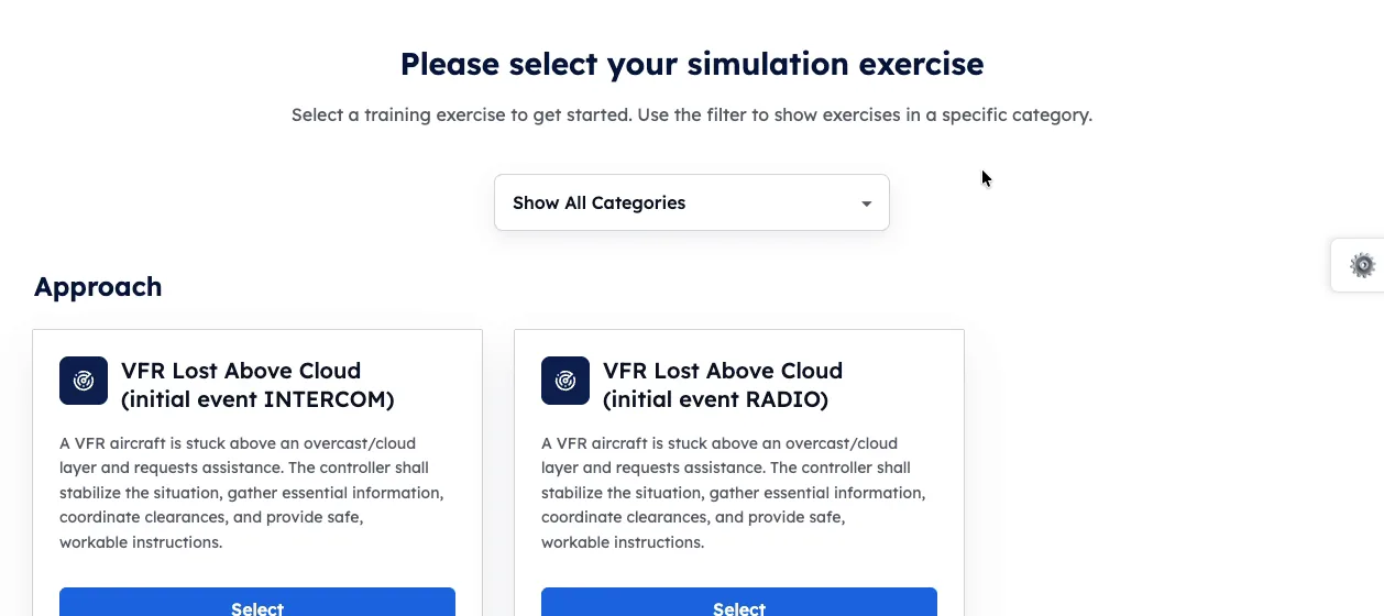 The VVResponse exercise selection page: Please select your simulation exercise, a category filter, and two Approach exercises, VFR Lost Above Cloud with an intercom or a radio initial event, each described and with a Select button