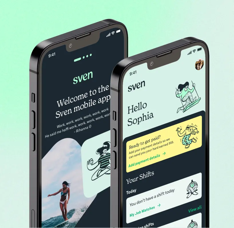 Two phones showing the Sven Jobs app on a mint background