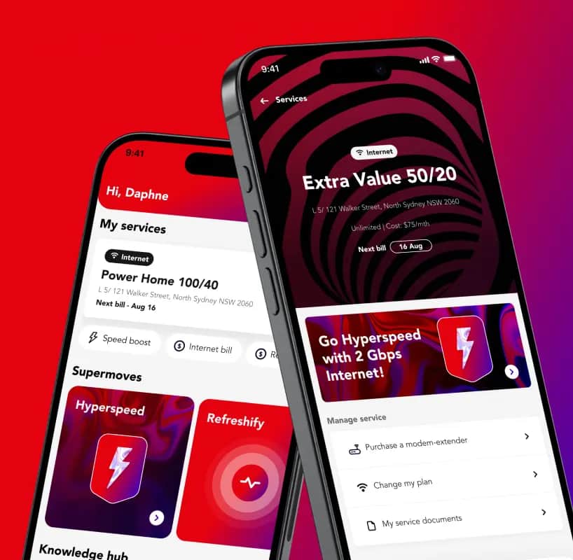 Two phones showing the Superloop app on a red background